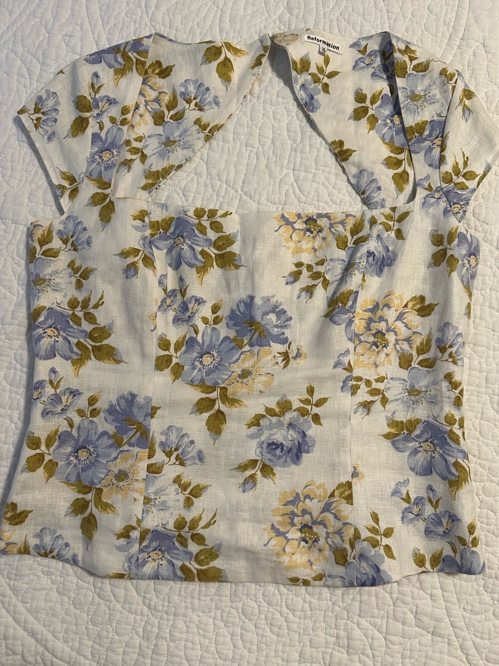 Reformation Cream Top with Blue and Olive Floral Print
